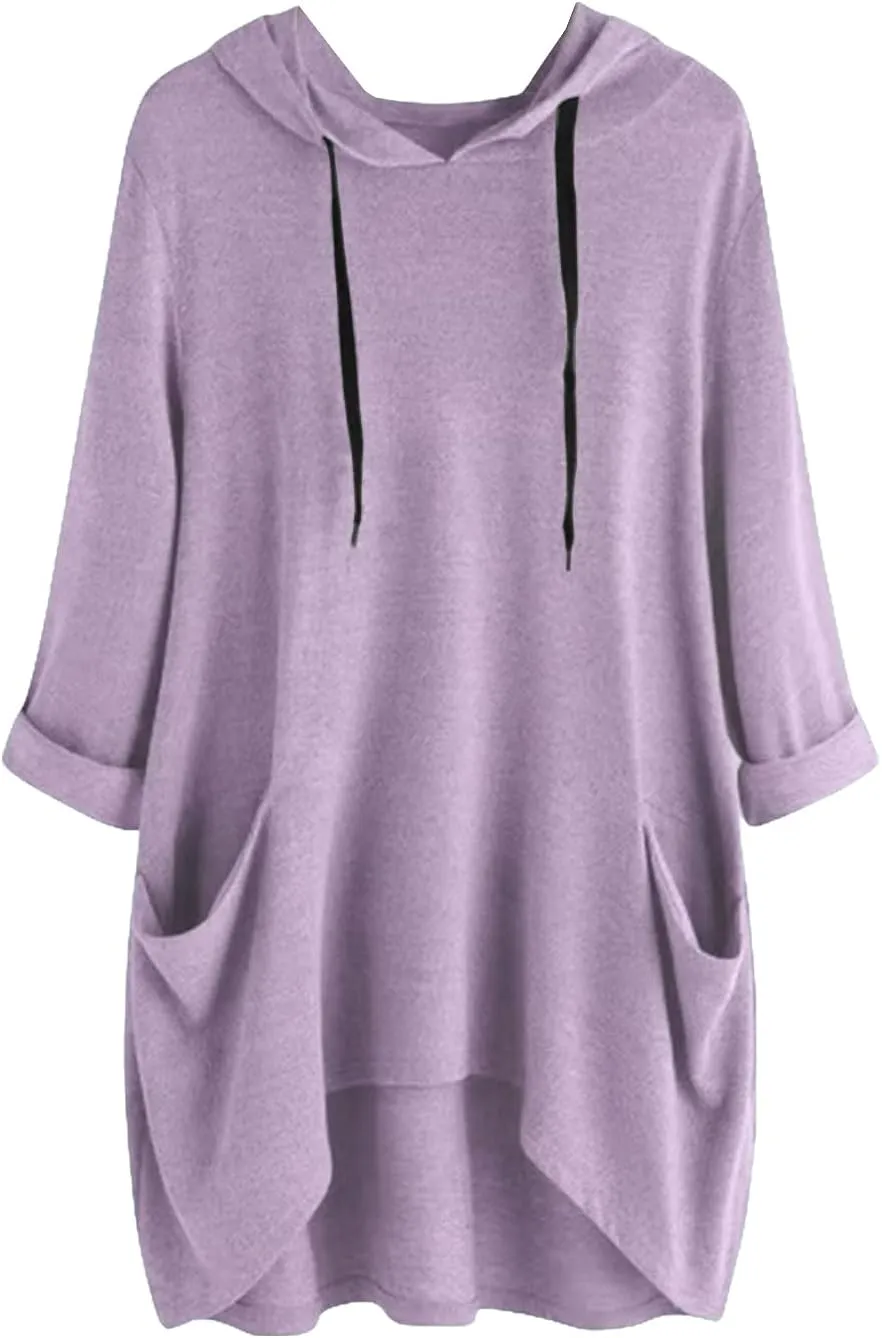 3/4 Sleeve Hoodies for Women 2024 Fall Oversized Tshirt Dress Lightweight Hooded Pullover Tops with Pockets