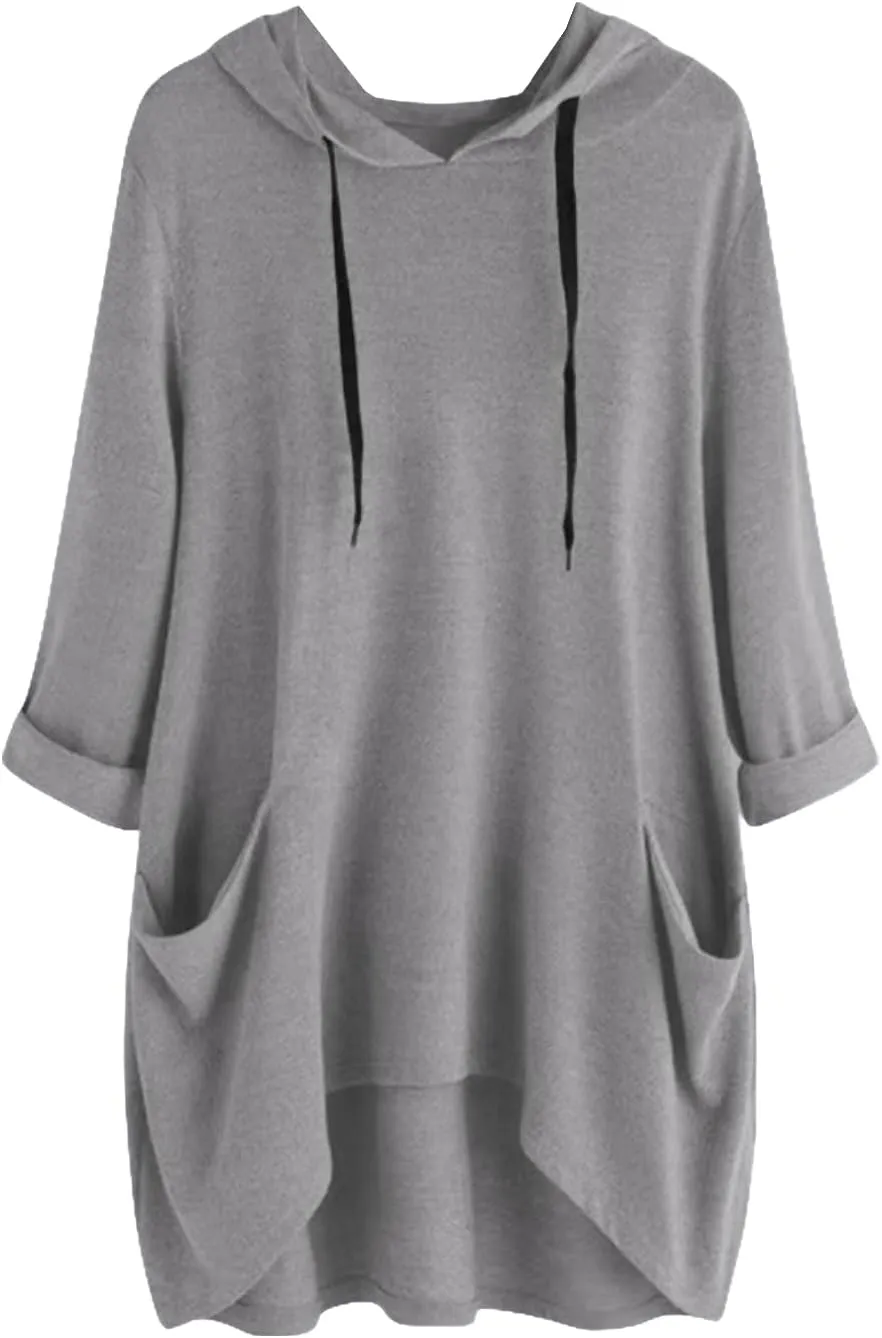 3/4 Sleeve Hoodies for Women 2024 Fall Oversized Tshirt Dress Lightweight Hooded Pullover Tops with Pockets