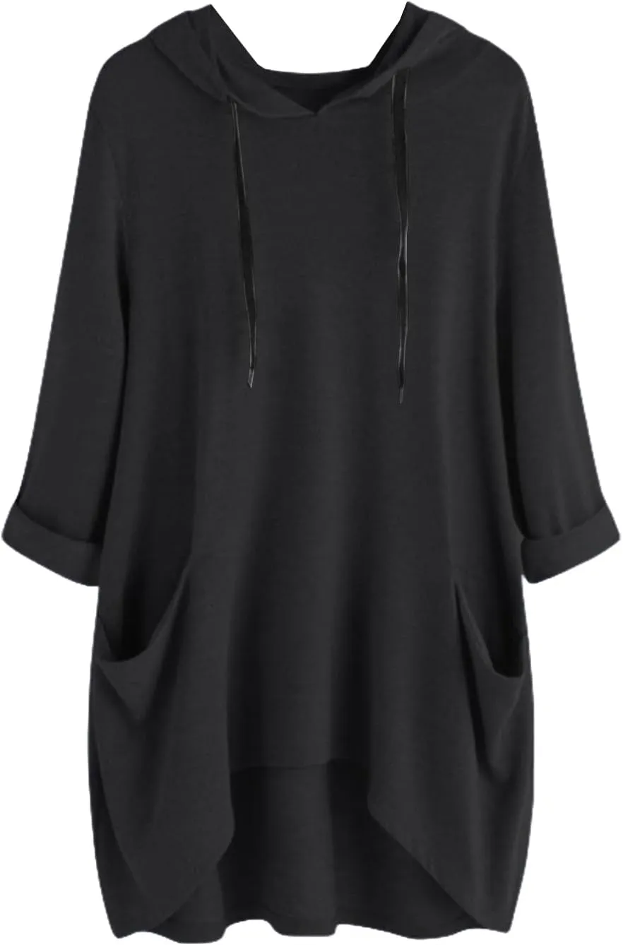 3/4 Sleeve Hoodies for Women 2024 Fall Oversized Tshirt Dress Lightweight Hooded Pullover Tops with Pockets