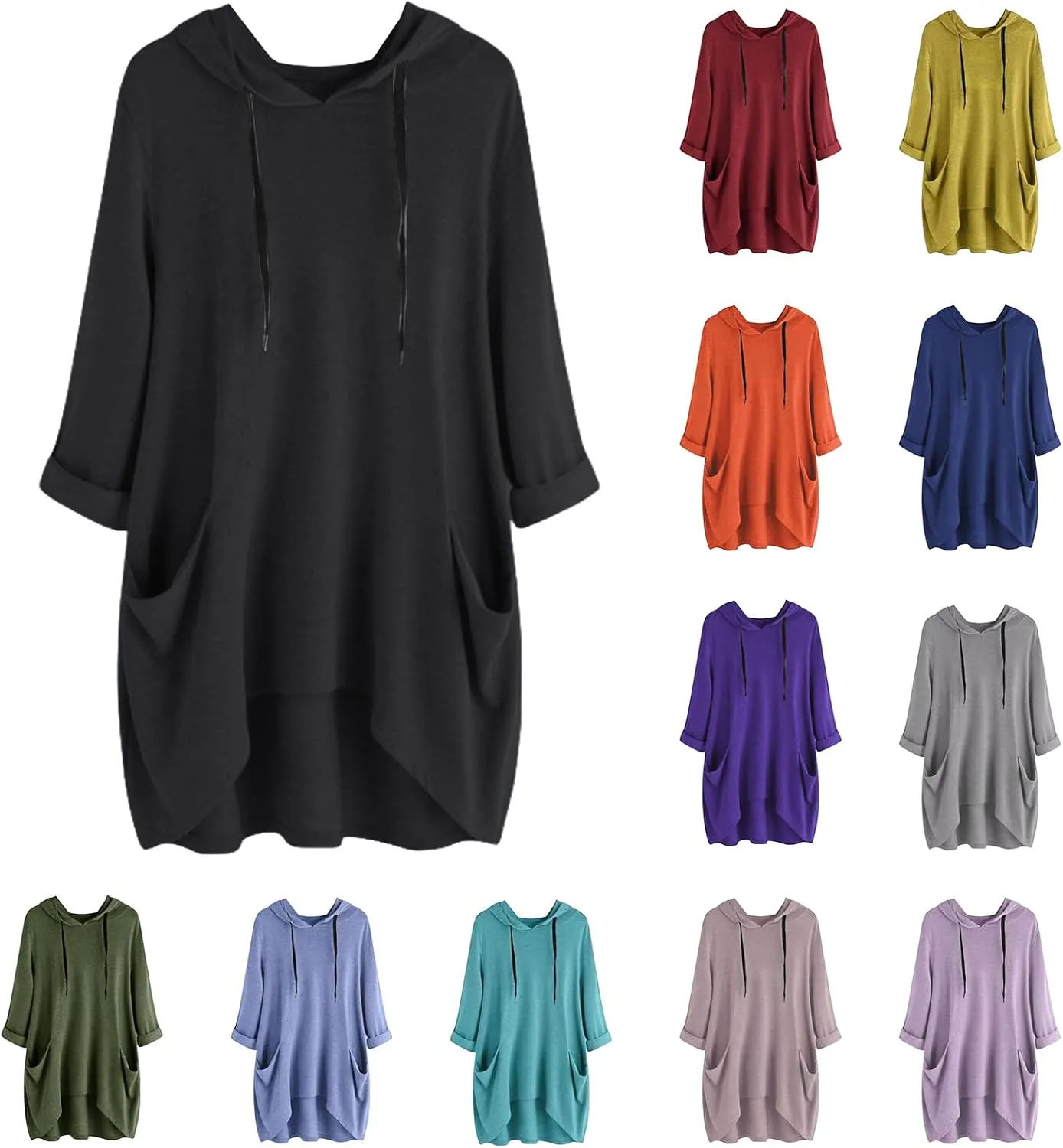 3/4 Sleeve Hoodies for Women 2024 Fall Oversized Tshirt Dress Lightweight Hooded Pullover Tops with Pockets