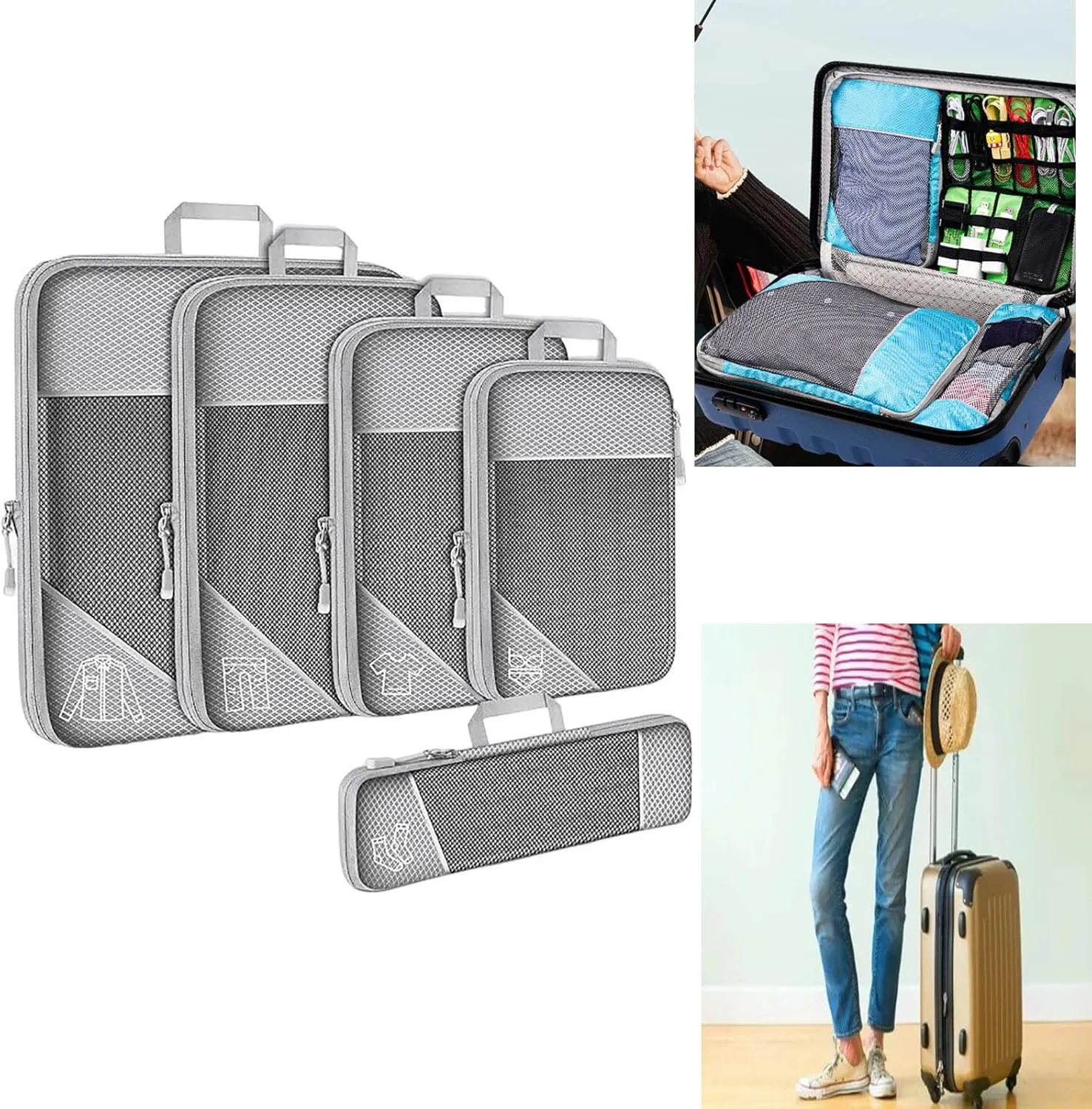 5 Set Compression Packing Cubes for Travel, Lightweight Vacation Travel Essentials, Packing Cubes Compressed, Durable, Compressible Packing Cubes for Carry-on Luggage
