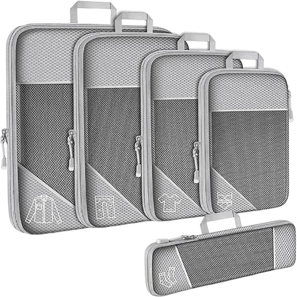 5 Set Compression Packing Cubes for Travel, Lightweight Vacation Travel Essentials, Packing Cubes Compressed, Durable, Compressible Packing Cubes for Carry-on Luggage