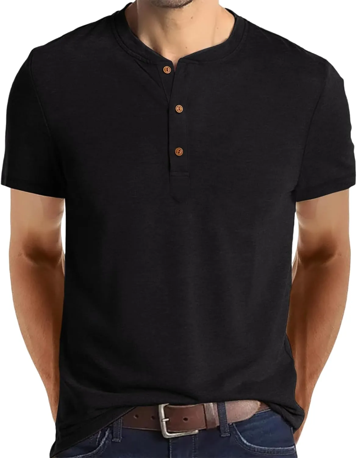 Aimeilgot Mens Henley Shirts Short Sleeve Casual Washed Retro T-Shirts Slim Fit Soft Cotton Classic Summer Basic Tees