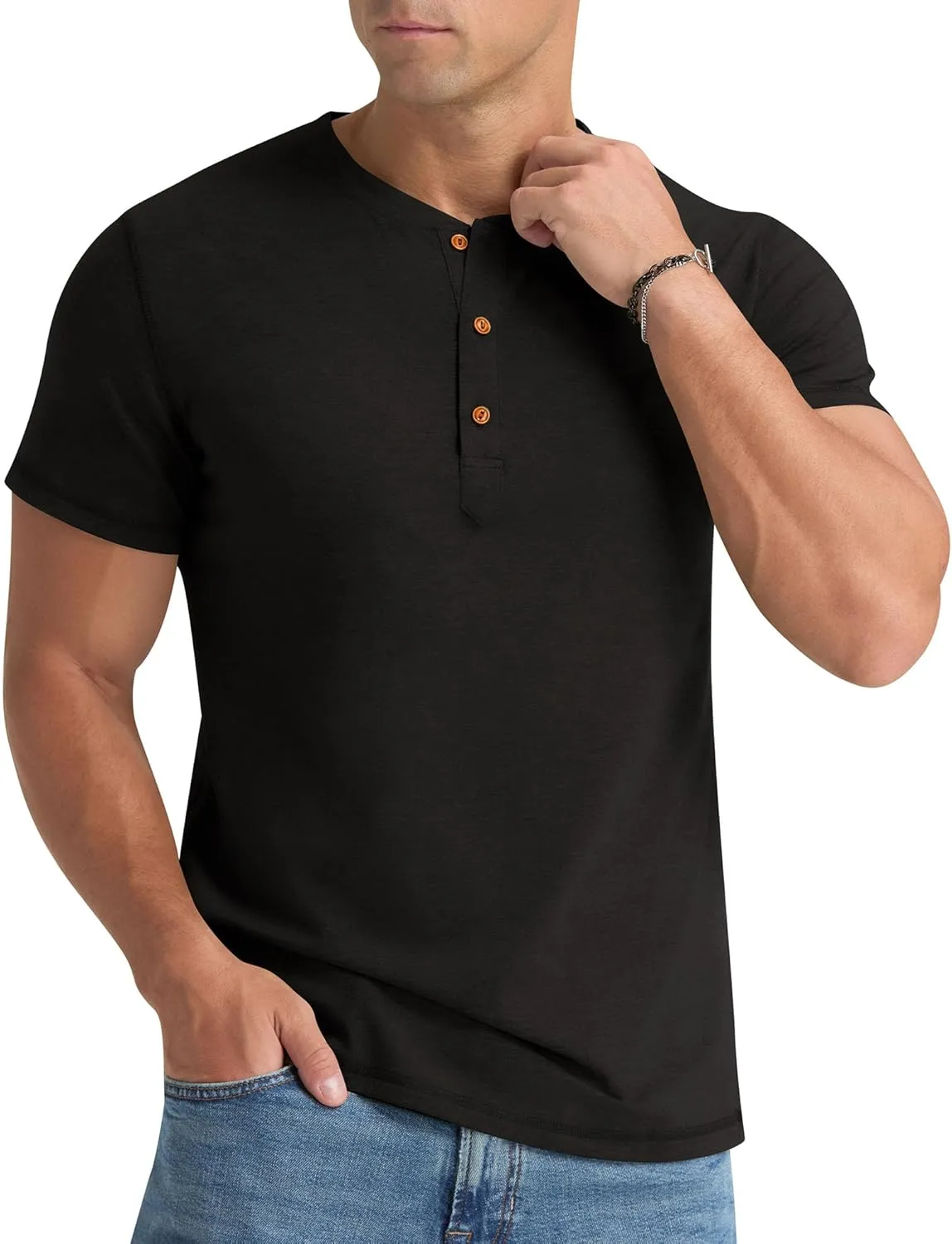 Aimeilgot Mens Henley Shirts Short Sleeve Casual Washed Retro T-Shirts Slim Fit Soft Cotton Classic Summer Basic Tees