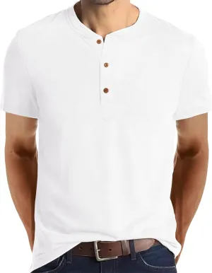 Aimeilgot Mens Henley Shirts Short Sleeve Casual Washed Retro T-Shirts Slim Fit Soft Cotton Classic Summer Basic Tees