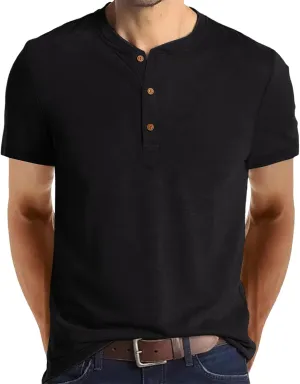 Aimeilgot Mens Henley Shirts Short Sleeve Casual Washed Retro T-Shirts Slim Fit Soft Cotton Classic Summer Basic Tees