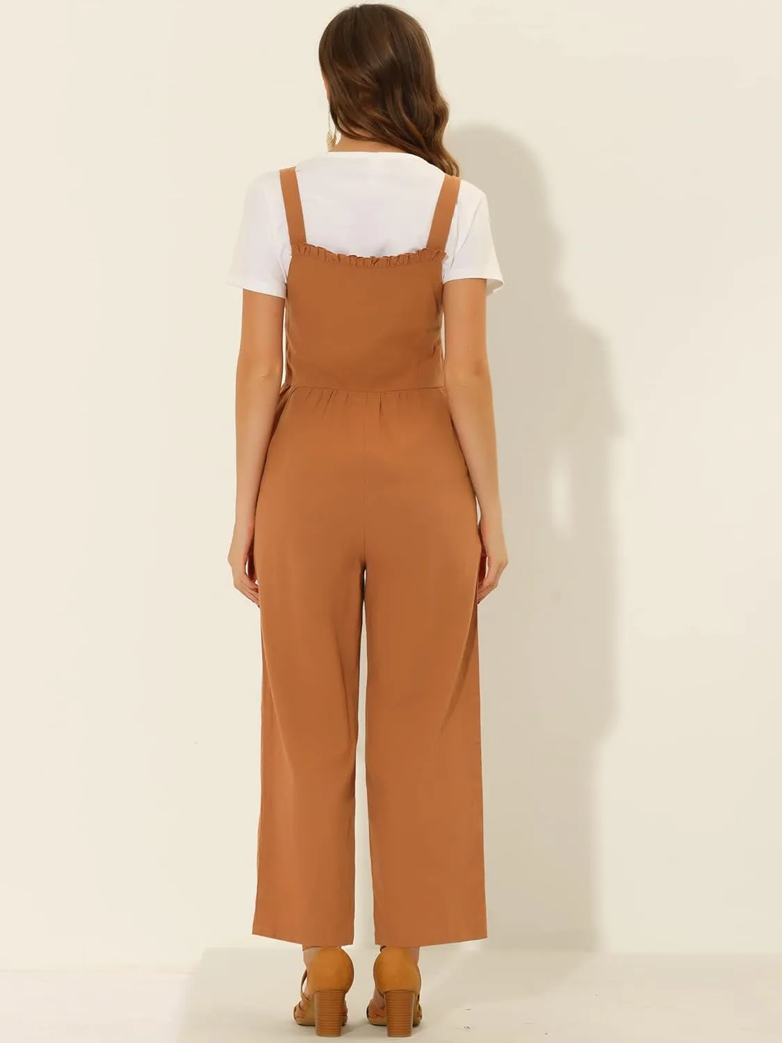 Allegra K Women's Cotton Casual Vintage Pockets Wide Leg Overalls Jumpsuit