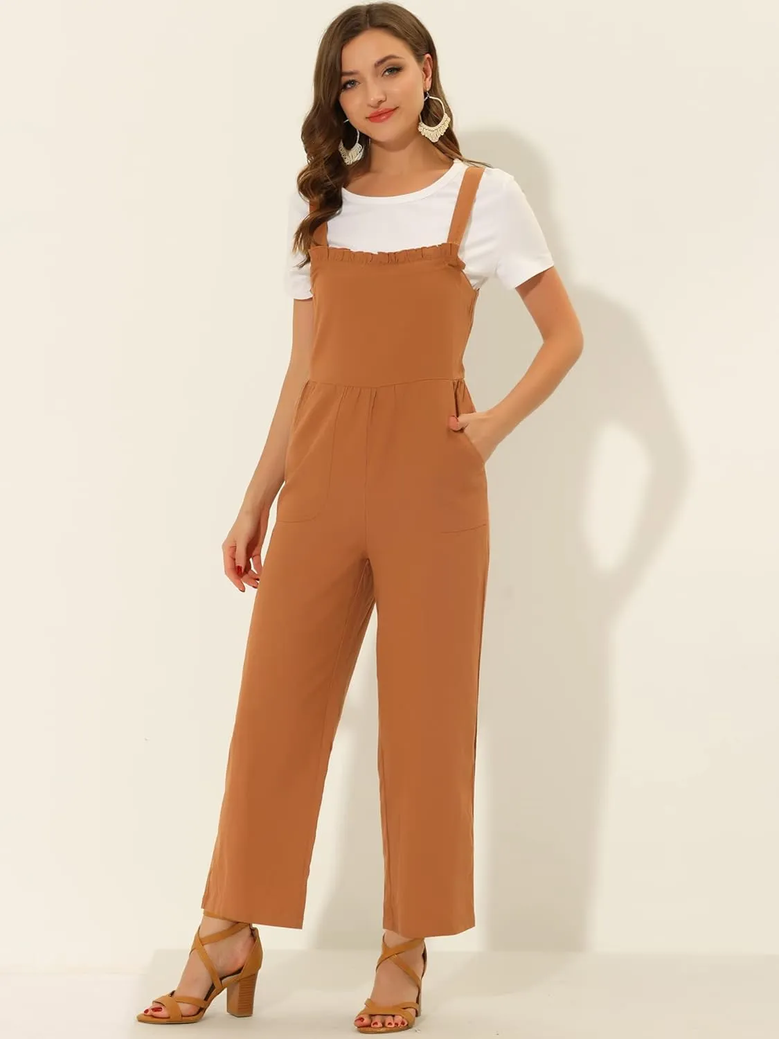 Allegra K Women's Cotton Casual Vintage Pockets Wide Leg Overalls Jumpsuit