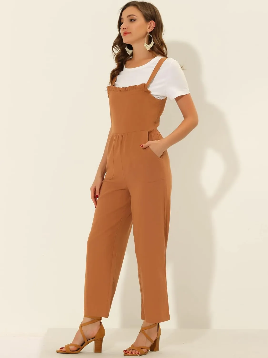 Allegra K Women's Cotton Casual Vintage Pockets Wide Leg Overalls Jumpsuit