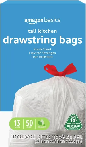 Amazon Basics 13 Gallon Flextra Strength Tall Kitchen Drawstring Trash Bags, Tear Resistant, Clean Fresh Scent, 10% Recycled Content, 50 Count