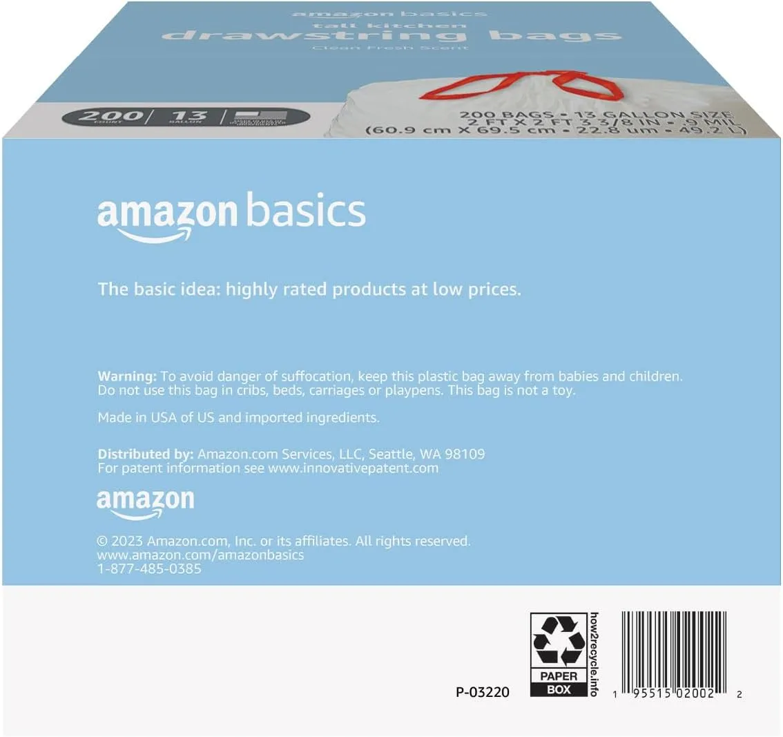 Amazon Basics Scented Trash Bags, Tall Kitchen Drawstring, Clean Fresh Scent, 13 Gallon, 200 Count, Pack of 1