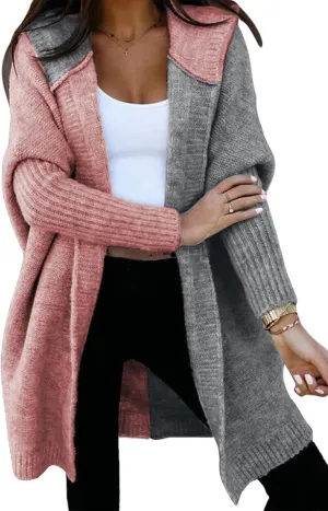Astylish Women 2025 Open Front Long Sleeve Hooded Knit Cardigan Sweaters Color Block Outwear Coats