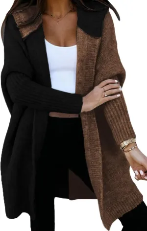 Astylish Women 2025 Open Front Long Sleeve Hooded Knit Cardigan Sweaters Color Block Outwear Coats