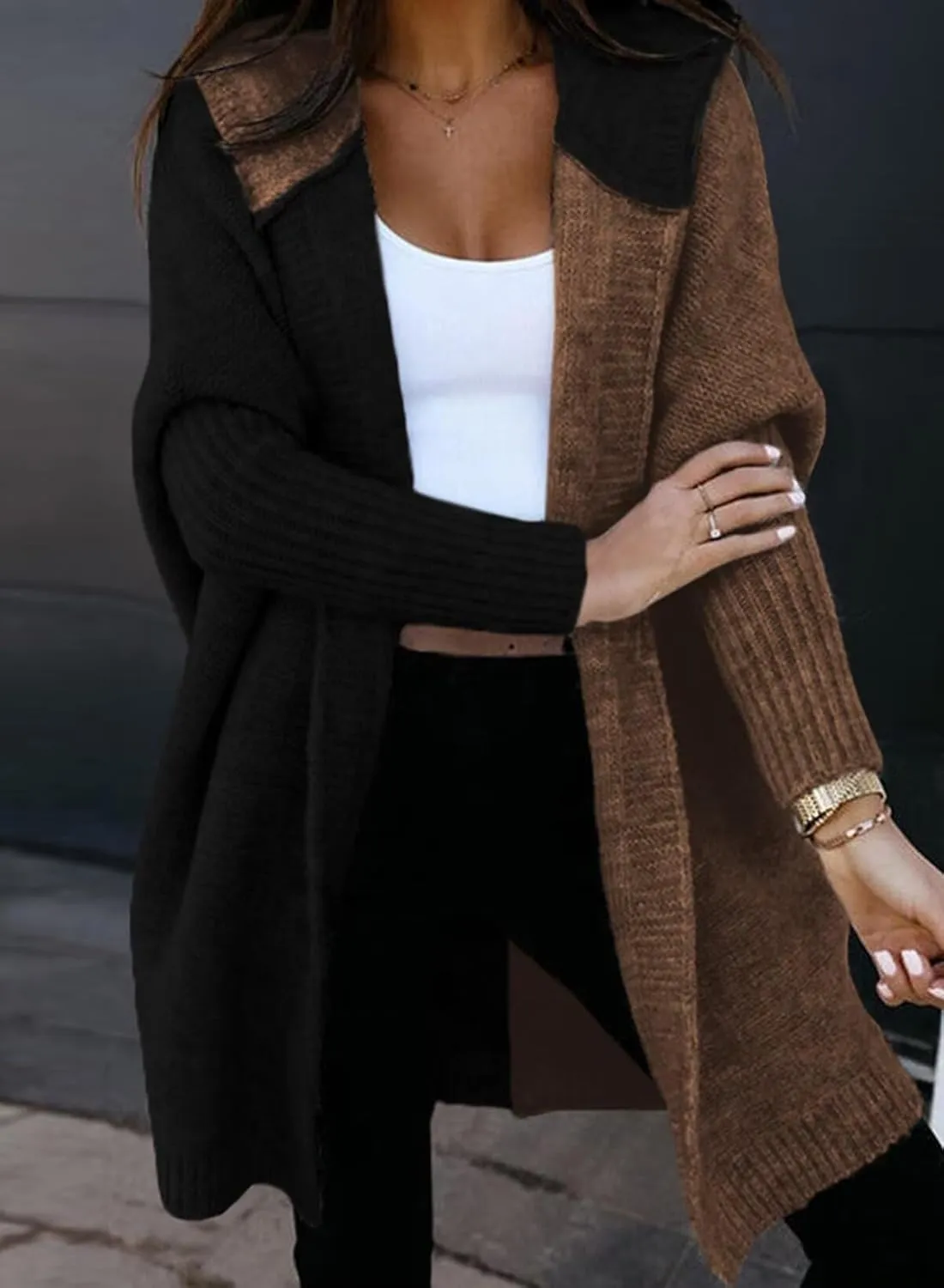 Astylish Women 2025 Open Front Long Sleeve Hooded Knit Cardigan Sweaters Color Block Outwear Coats