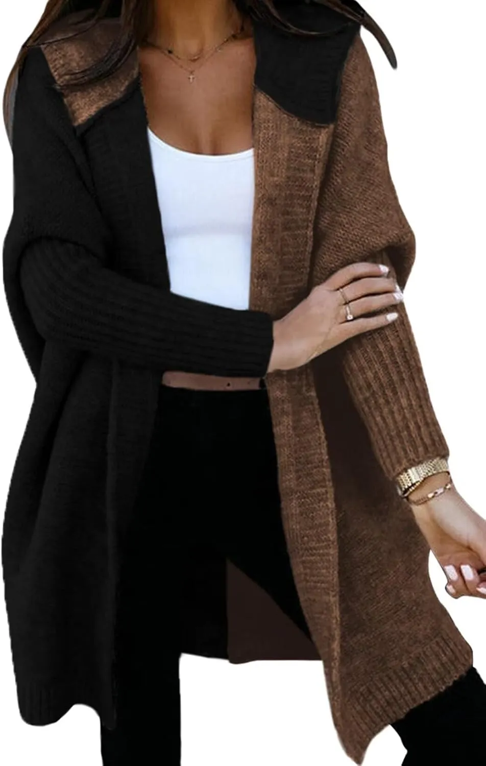 Astylish Women 2025 Open Front Long Sleeve Hooded Knit Cardigan Sweaters Color Block Outwear Coats
