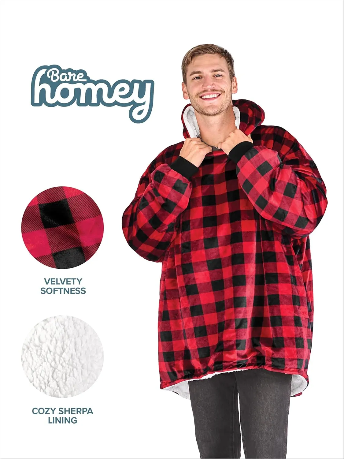 Bare Home Wearable Blanket B-Cozy Hoodie - Soft Plush Sherpa - Warm and Cozy - Oversized Wearable Blanket - Adult & Kid Sizes