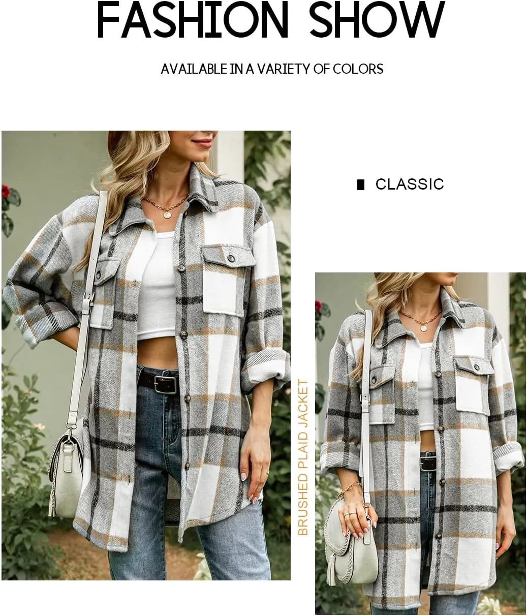Beaully Women's Flannel Plaid Shacket Long Sleeve Button Down Shirts Jacket Coats with Side Pockets