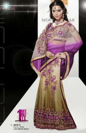 Beige And Shaded Violet Net Lehenga Saree