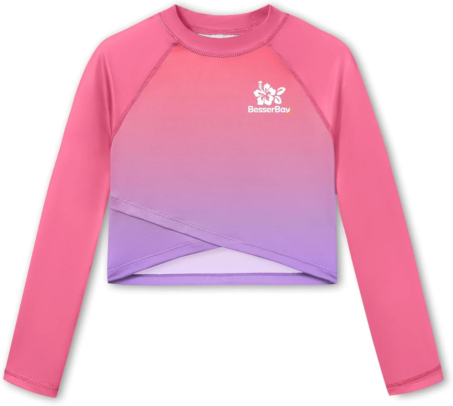 BesserBay Girls UPF 50  Long Sleeve Mock Neck Crossover Hem Swim Crop Top 4-12 Years