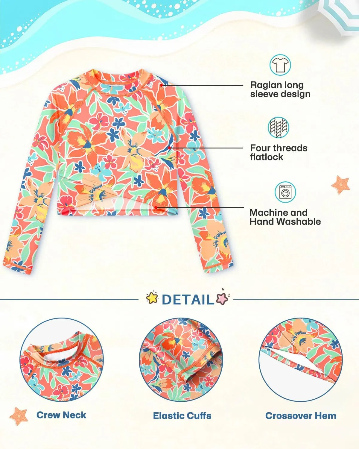 BesserBay Girls UPF 50  Long Sleeve Mock Neck Crossover Hem Swim Crop Top 4-12 Years