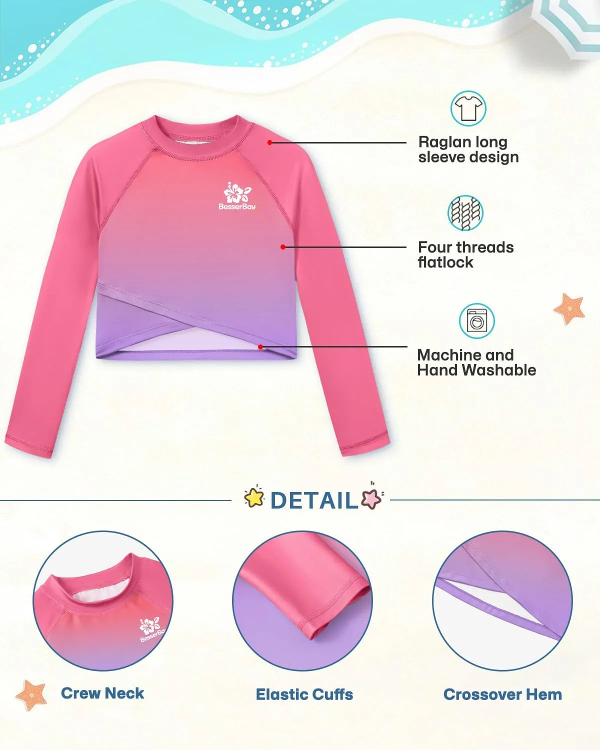 BesserBay Girls UPF 50  Long Sleeve Mock Neck Crossover Hem Swim Crop Top 4-12 Years