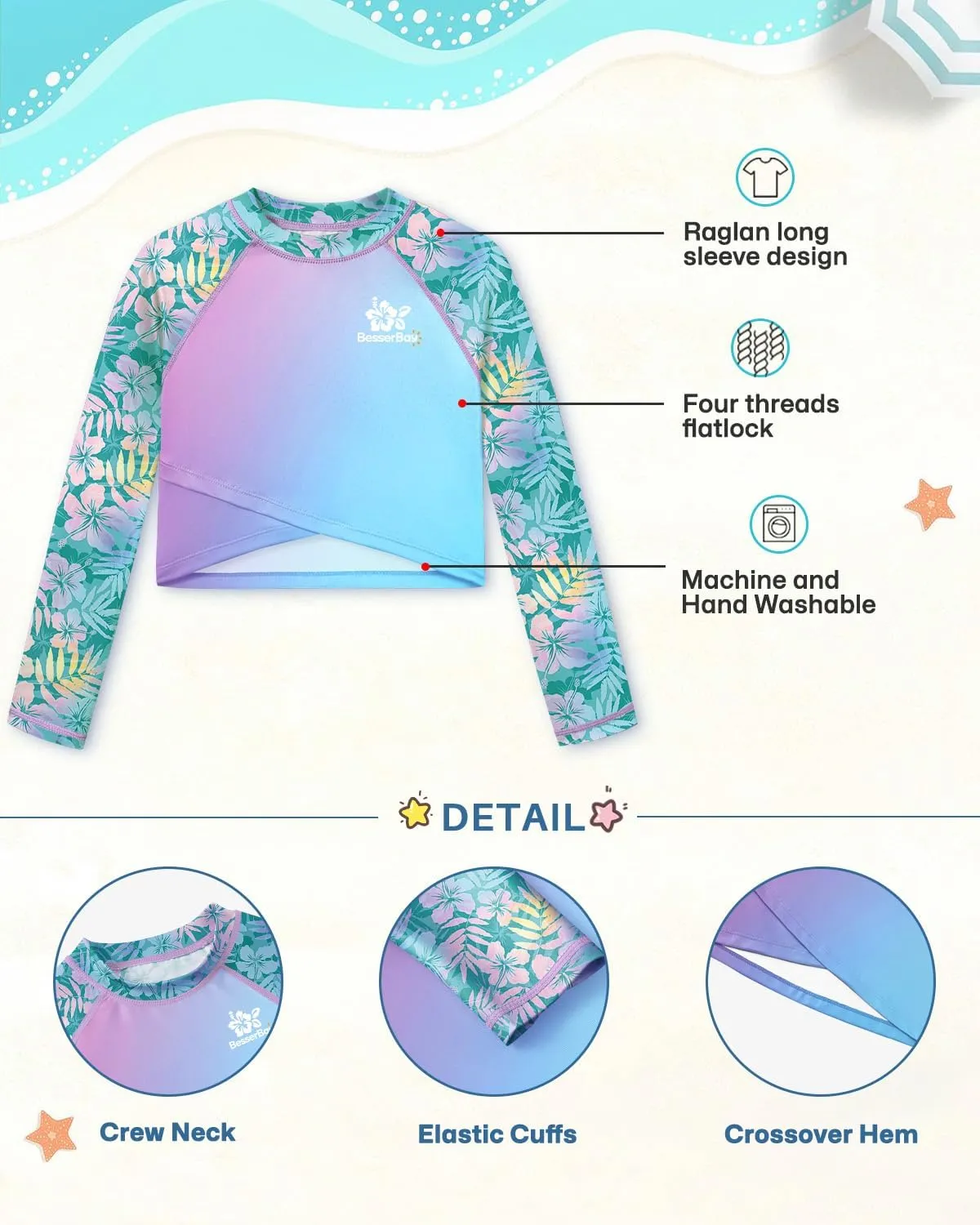 BesserBay Girls UPF 50  Long Sleeve Mock Neck Crossover Hem Swim Crop Top 4-12 Years
