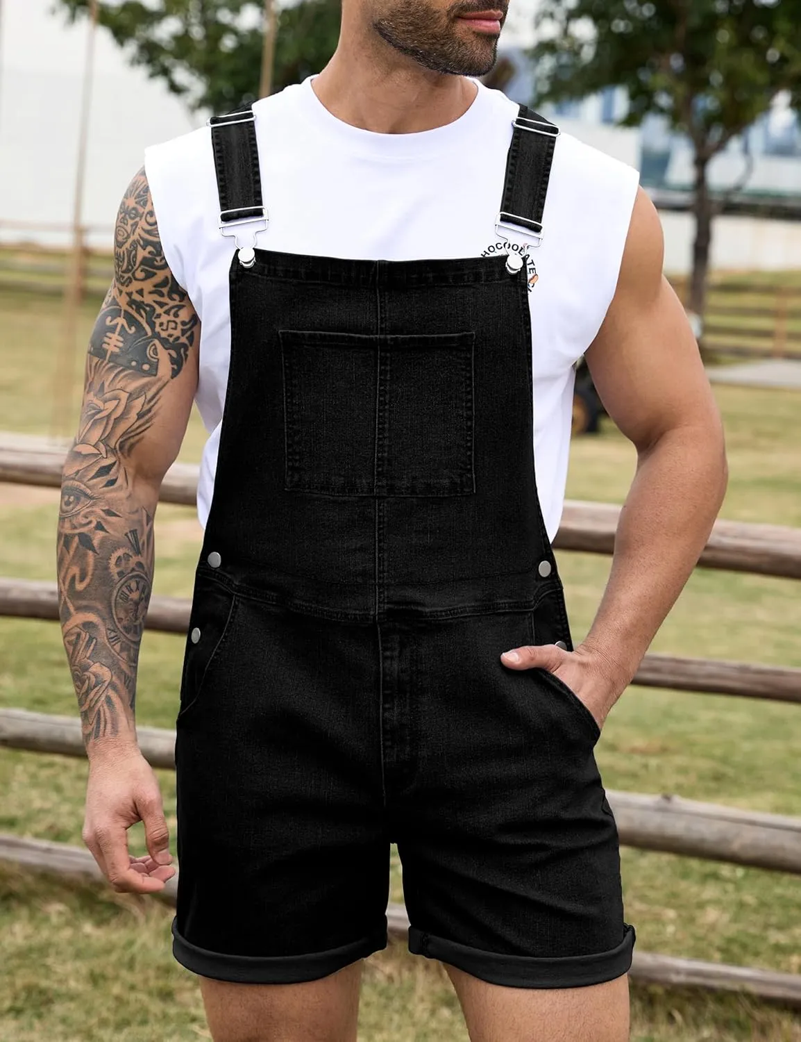 Bindefon Denim Overalls for Men Jean Shorts Jumpsuit Work Bibs Coveralls with Zipper