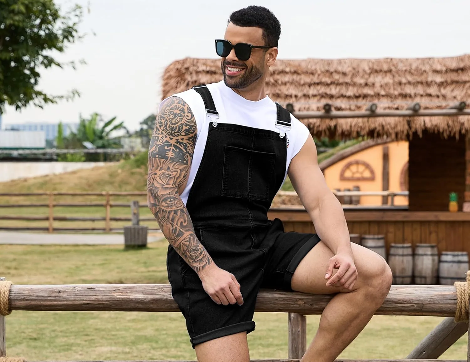 Bindefon Denim Overalls for Men Jean Shorts Jumpsuit Work Bibs Coveralls with Zipper