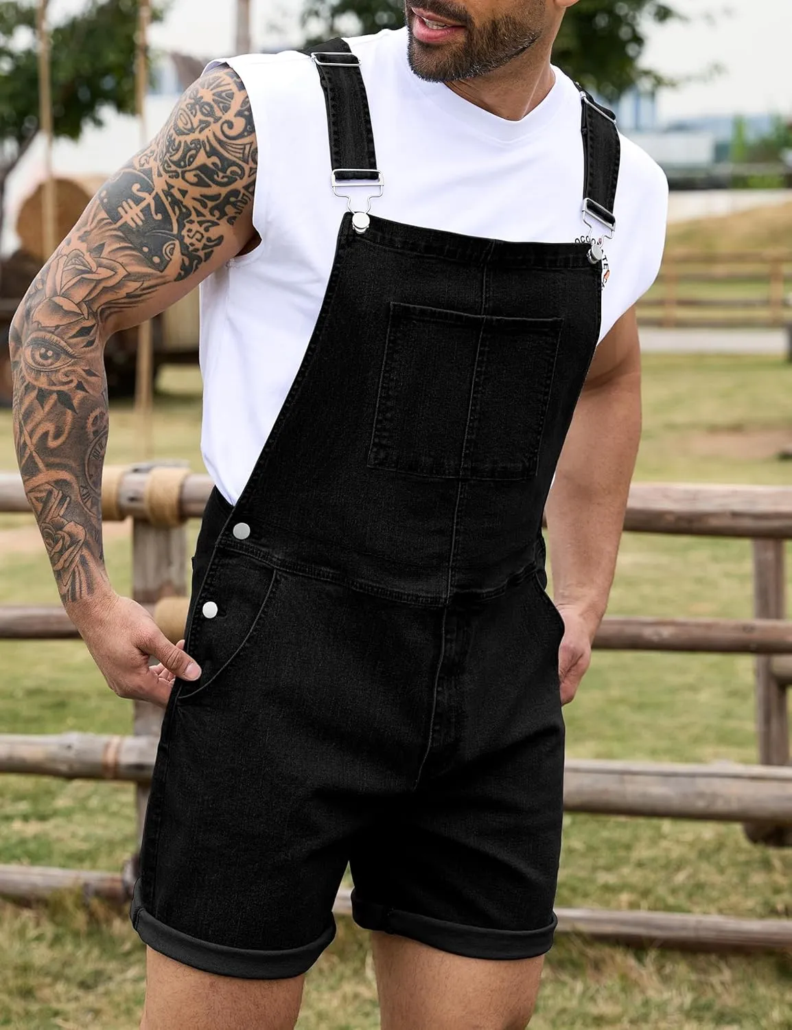 Bindefon Denim Overalls for Men Jean Shorts Jumpsuit Work Bibs Coveralls with Zipper