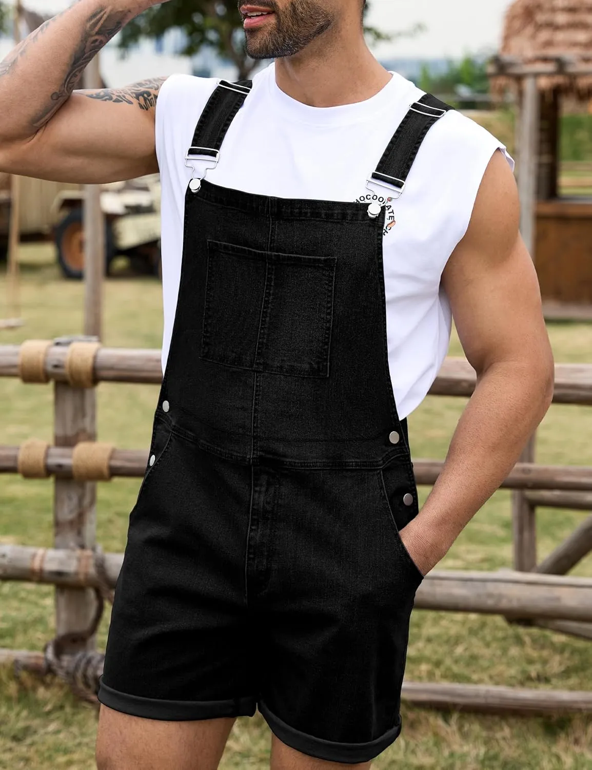 Bindefon Denim Overalls for Men Jean Shorts Jumpsuit Work Bibs Coveralls with Zipper