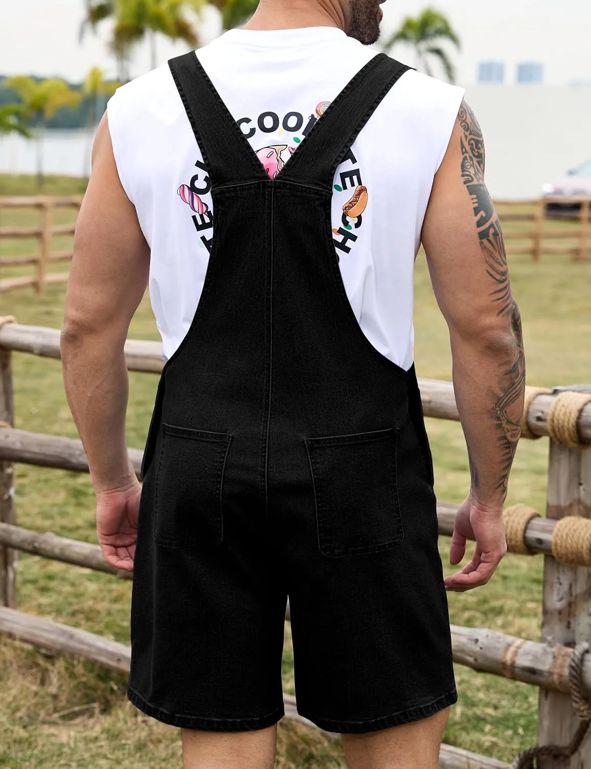 Bindefon Denim Overalls for Men Jean Shorts Jumpsuit Work Bibs Coveralls with Zipper