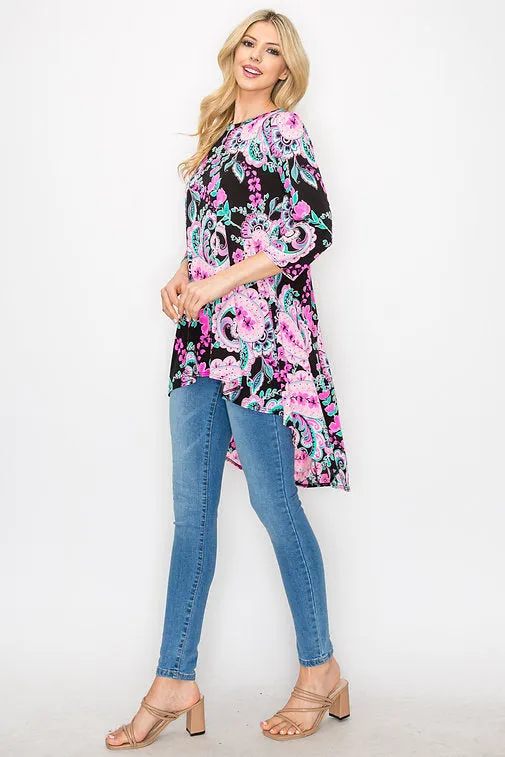 BLACK PAISLEY PRINT 3/4 SLEEVES HI-LOW KNIT TOP B3207A