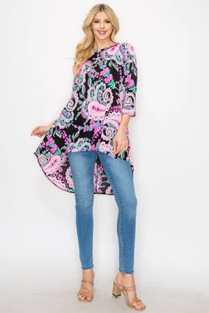 BLACK PAISLEY PRINT 3/4 SLEEVES HI-LOW KNIT TOP B3207A