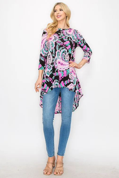 BLACK PAISLEY PRINT 3/4 SLEEVES HI-LOW KNIT TOP B3207A