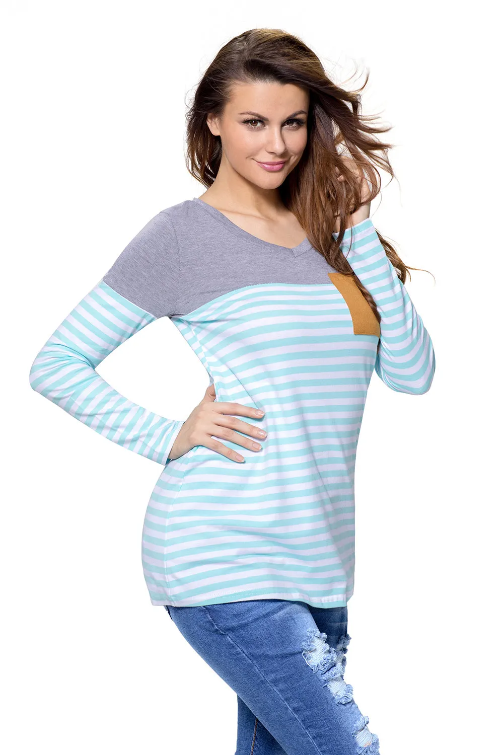 Blue White Stripes Color Block Long Sleeve Blouse Top