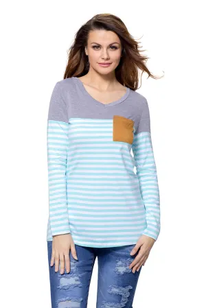Blue White Stripes Color Block Long Sleeve Blouse Top