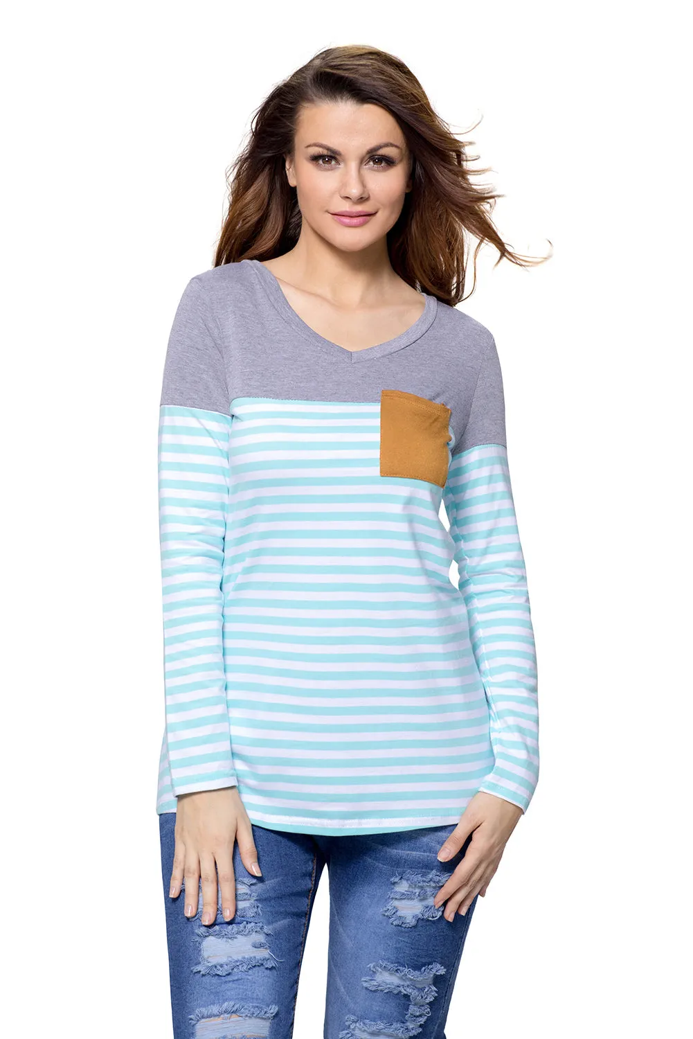 Blue White Stripes Color Block Long Sleeve Blouse Top