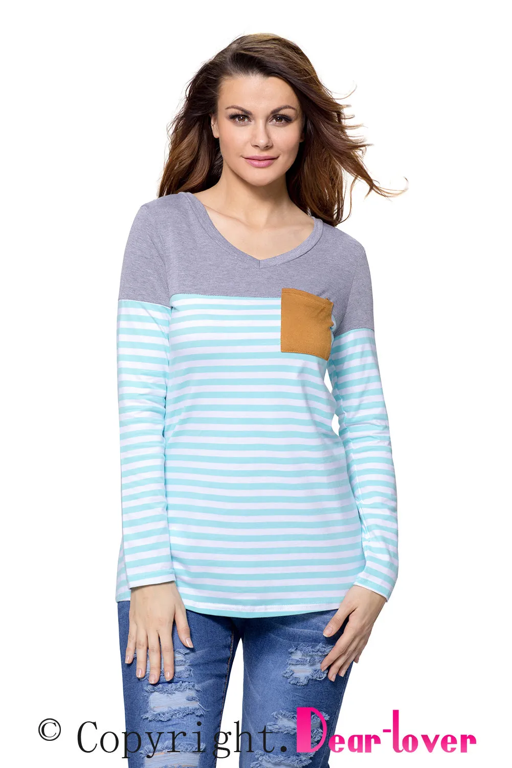 Blue White Stripes Color Block Long Sleeve Blouse Top
