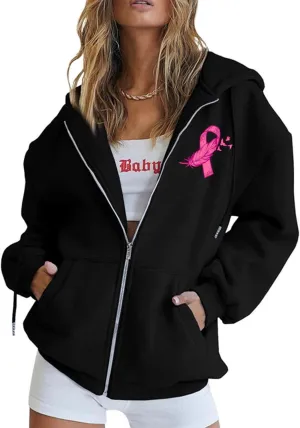 Breast Cancer Awareness Hoodies for Women Pink Ribbon Heart Graphic Sweatshirts Oversized Zip Up Hooded Tops