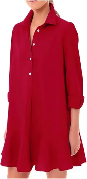 Button Down Shirt Dresses For Women 2025 Ruffle Flowy Casual Tunic Knee Length Mini Dresses Roll Up Sleeve Sundress
