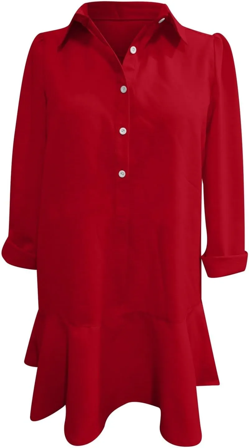 Button Down Shirt Dresses For Women 2025 Ruffle Flowy Casual Tunic Knee Length Mini Dresses Roll Up Sleeve Sundress
