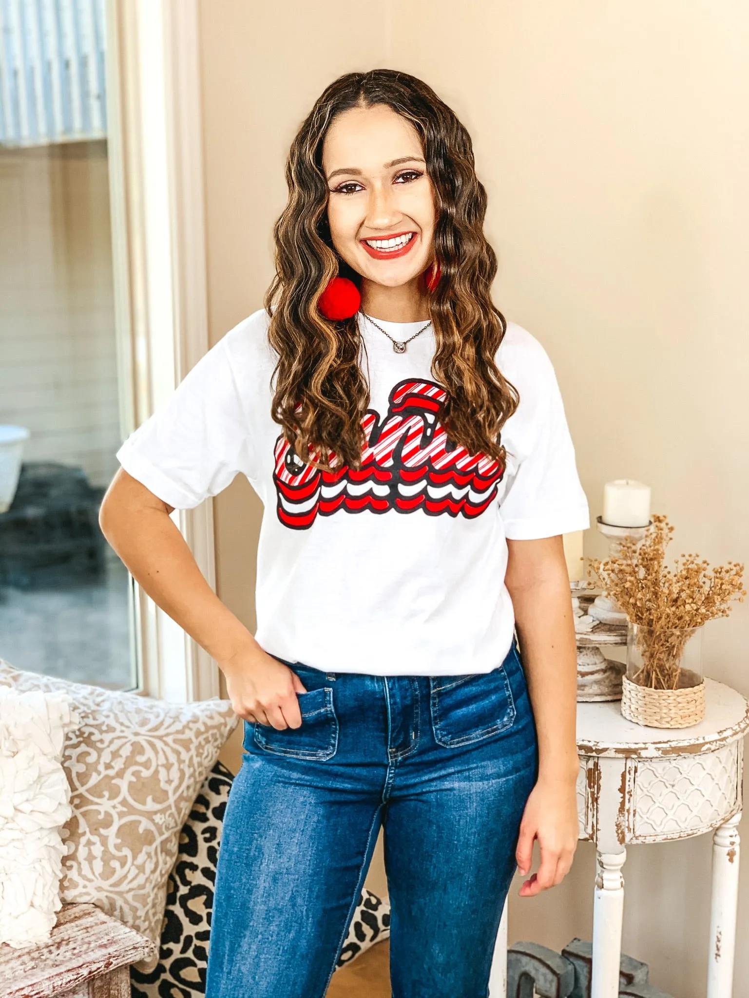 Candy Cane Stripe Retro Santa Graphic Tee in White