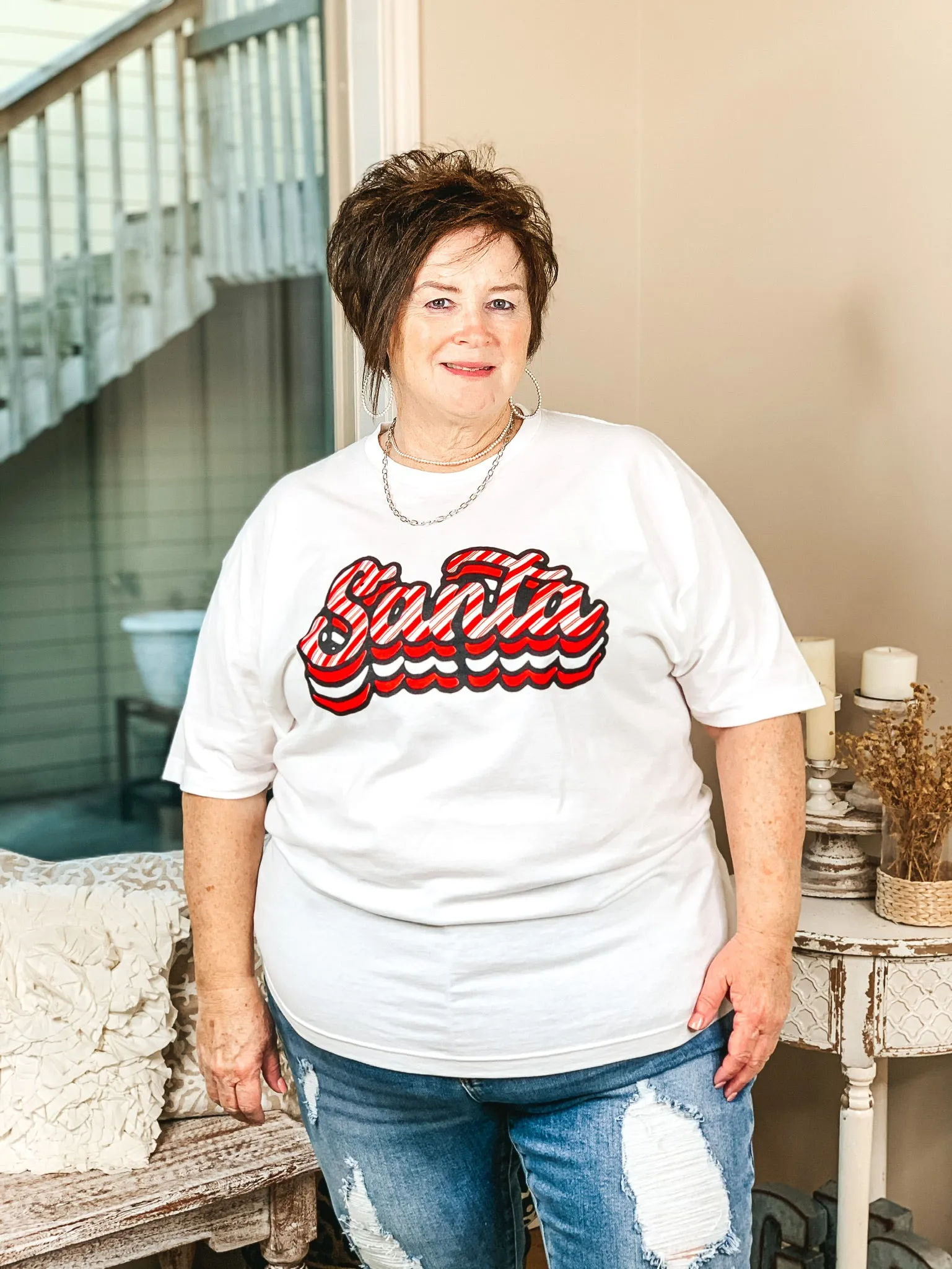 Candy Cane Stripe Retro Santa Graphic Tee in White