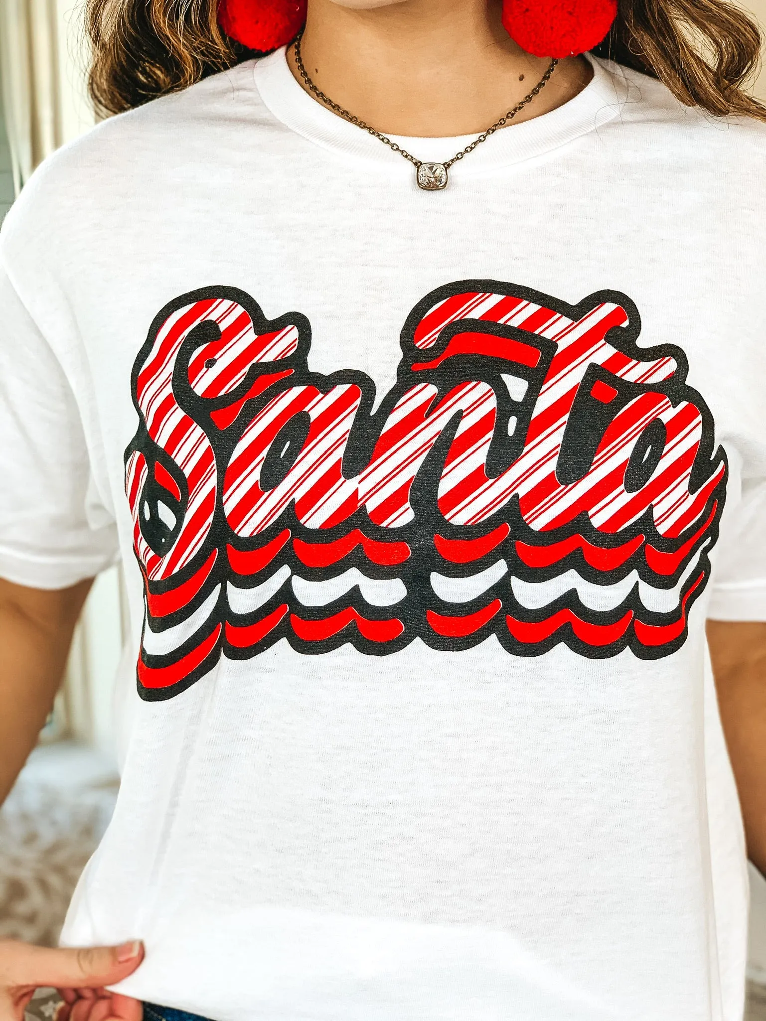 Candy Cane Stripe Retro Santa Graphic Tee in White