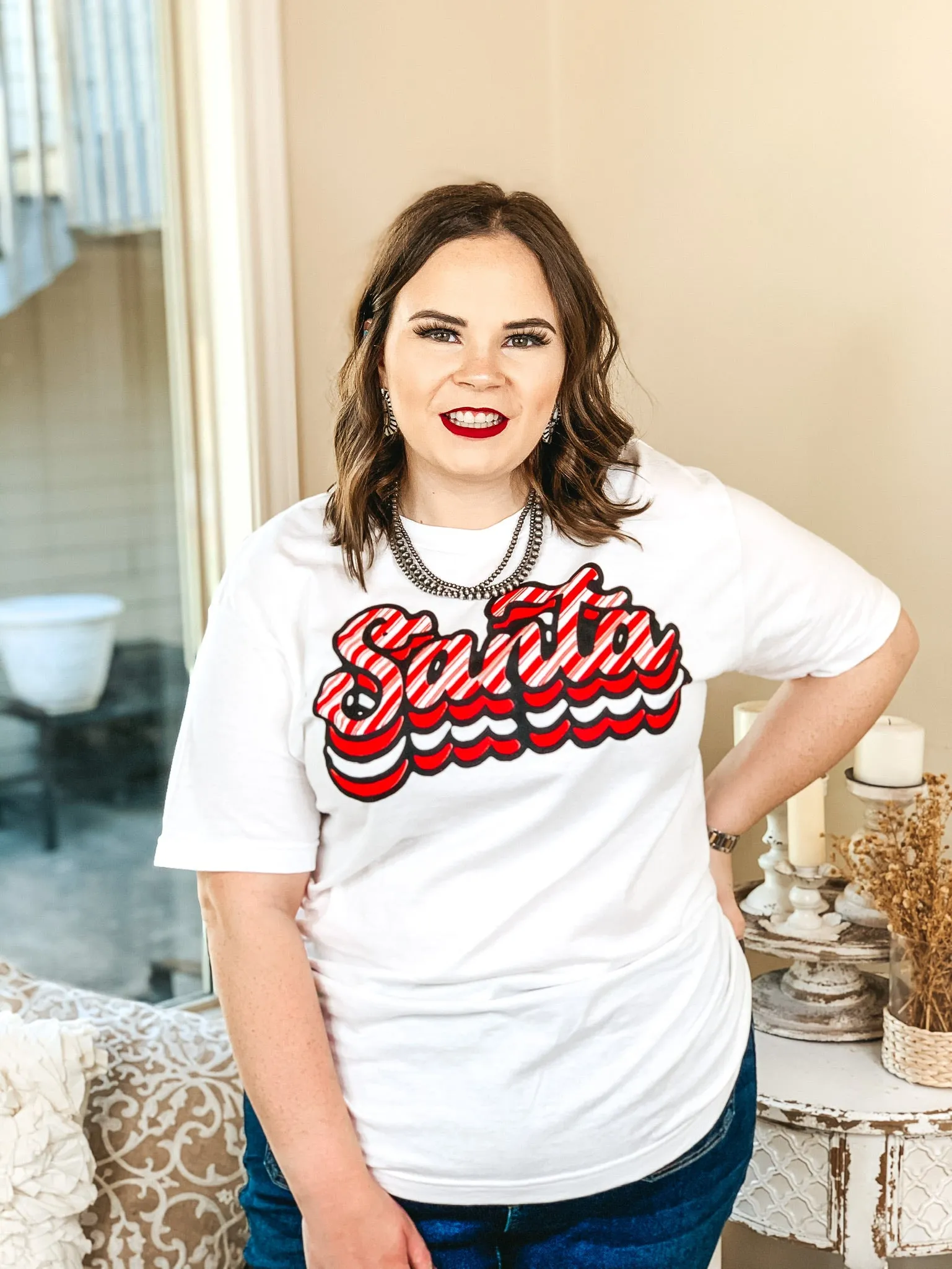Candy Cane Stripe Retro Santa Graphic Tee in White