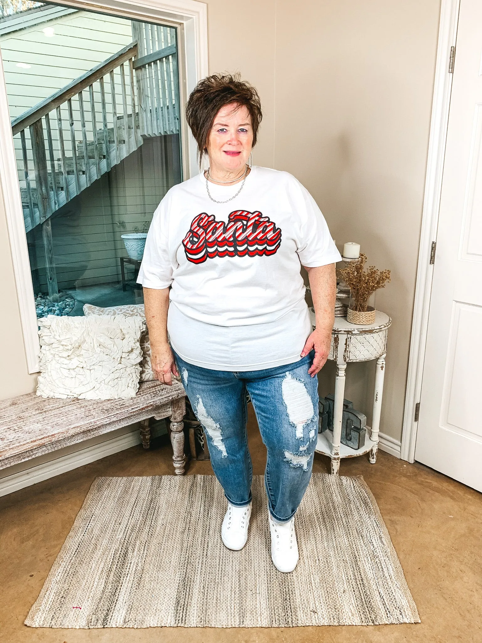 Candy Cane Stripe Retro Santa Graphic Tee in White