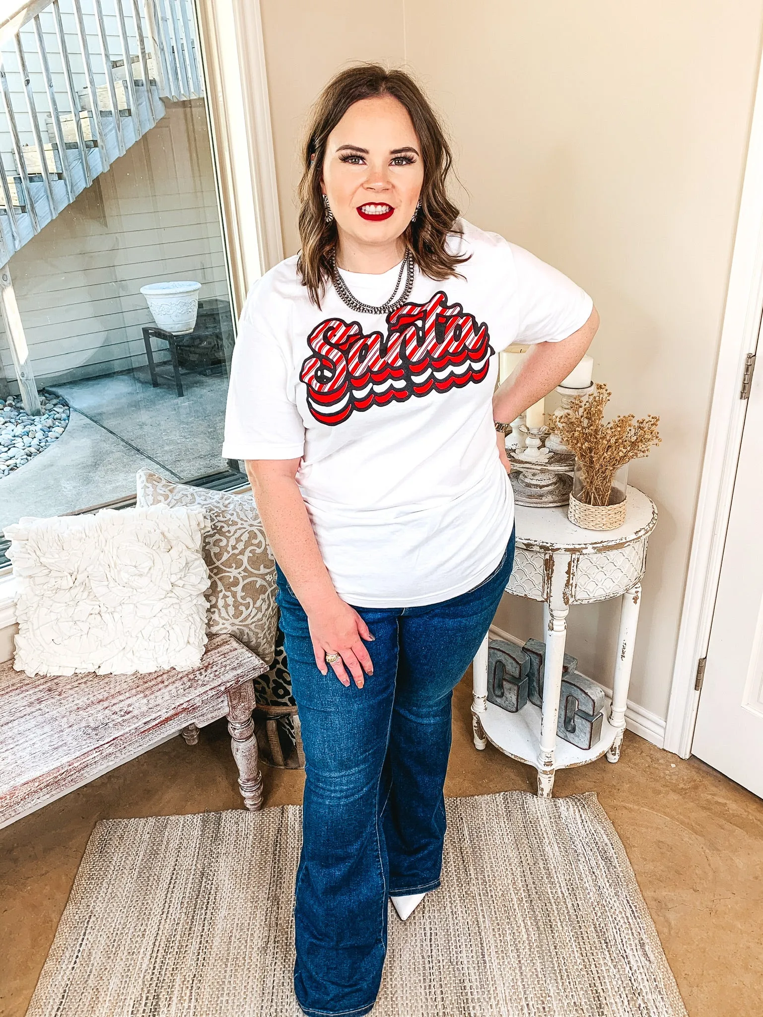Candy Cane Stripe Retro Santa Graphic Tee in White