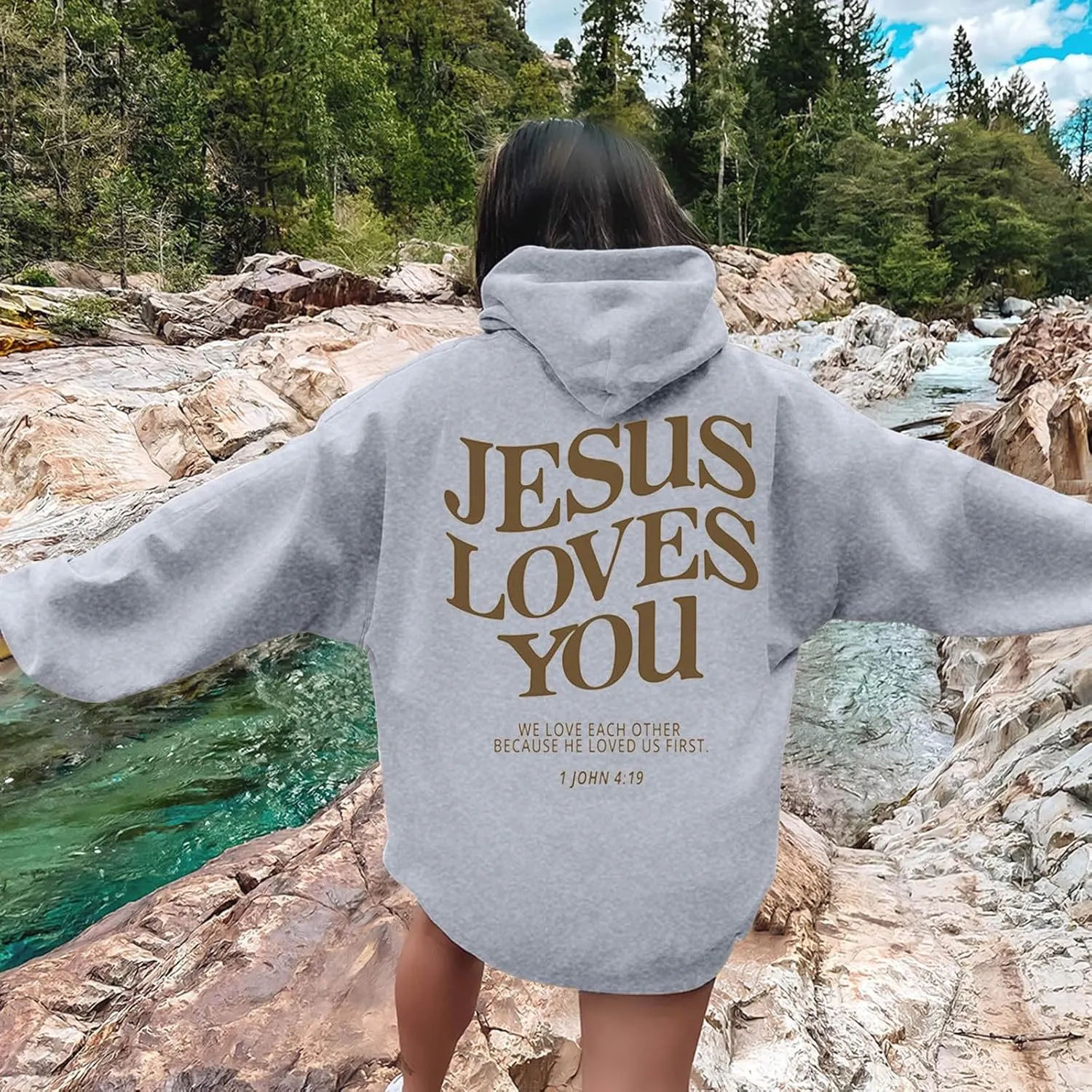 Christian Hoodies for Women Bible Verse Jesus Loves You Graphic Oversized Y2K Hooded Pockets Drawstring Sweatshirts