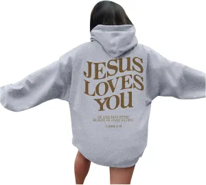 Christian Hoodies for Women Bible Verse Jesus Loves You Graphic Oversized Y2K Hooded Pockets Drawstring Sweatshirts