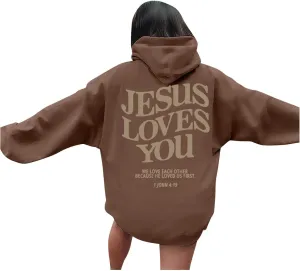 Christian Hoodies for Women Bible Verse Jesus Loves You Graphic Oversized Y2K Hooded Pockets Drawstring Sweatshirts